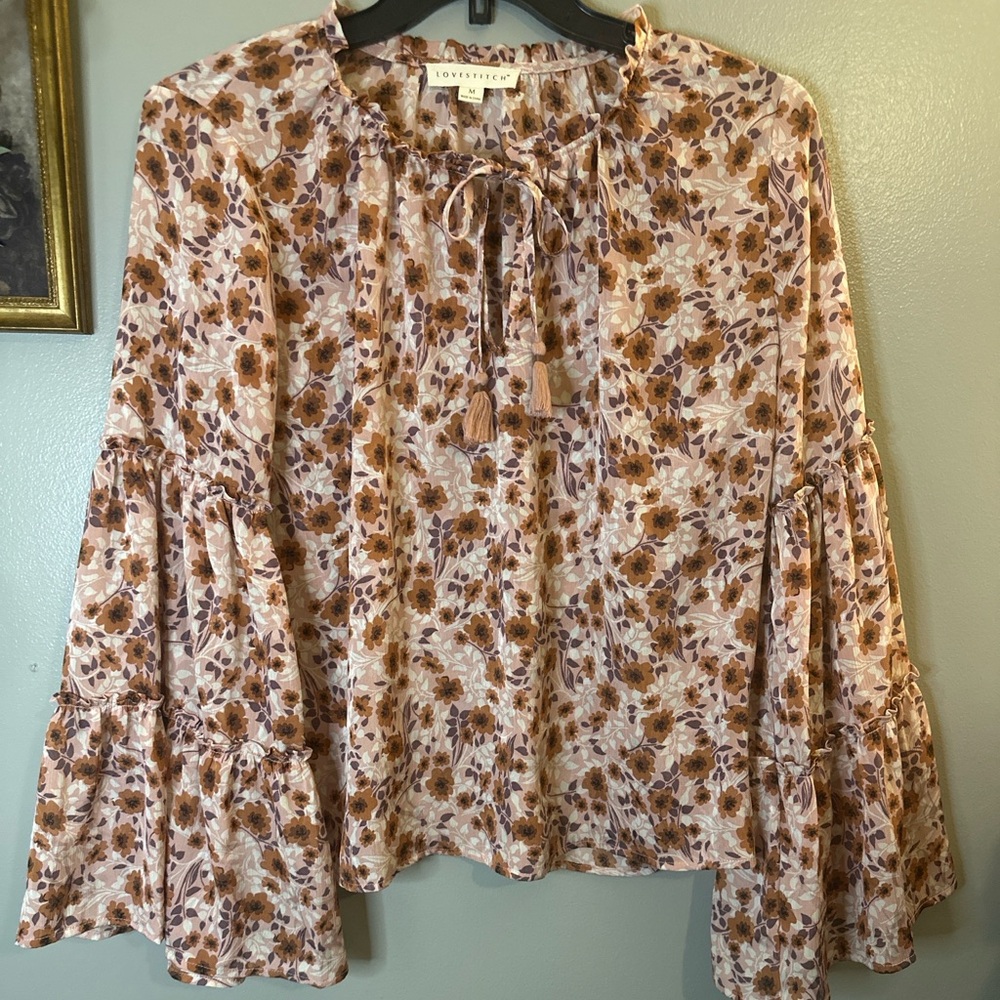 Lovestitch Boho Floral Peasant Top M Pink Brown Ruffle Bell Sleeve Cottagecore - Picture 7 of 7